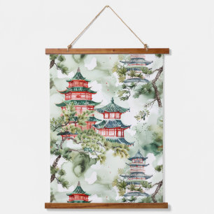 Asiatische Pagode in Verdant Landscape (4) Wandteppich Mit Holzrahmen