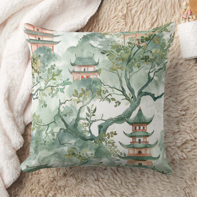 Asiatische Pagode in Verdant Landscape (5) Kissen (Decke)