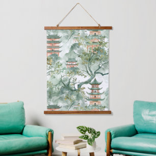 Asiatische Pagode in Verdant Landscape (5) Wandteppich Mit Holzrahmen