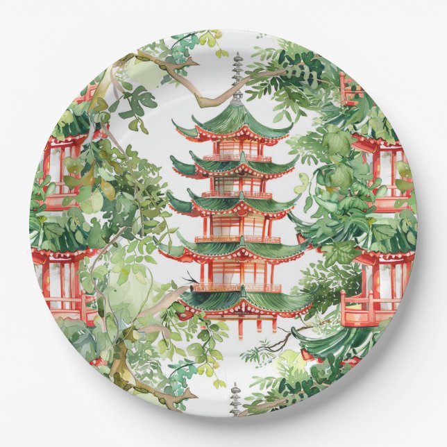 Asiatische Pagode in Verdant Landscape (9) Pappteller (Vorderseite)