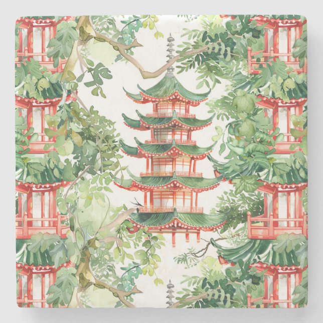 Asiatische Pagode in Verdant Landscape (9) Steinuntersetzer (Vorderseite)