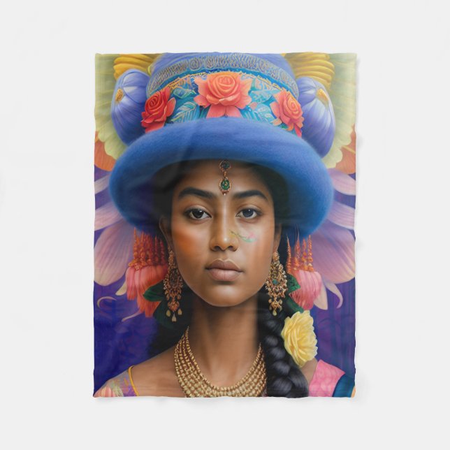 Asiatische Prinzessin mit großem blauen Hut Fleecedecke (Vorderseite)