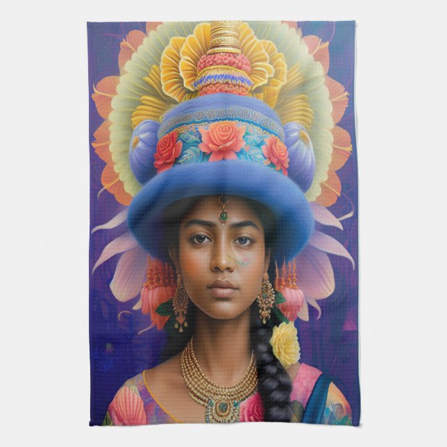 Asiatische Prinzessin mit großem blauen Hut Geschirrtuch (Vertikal)
