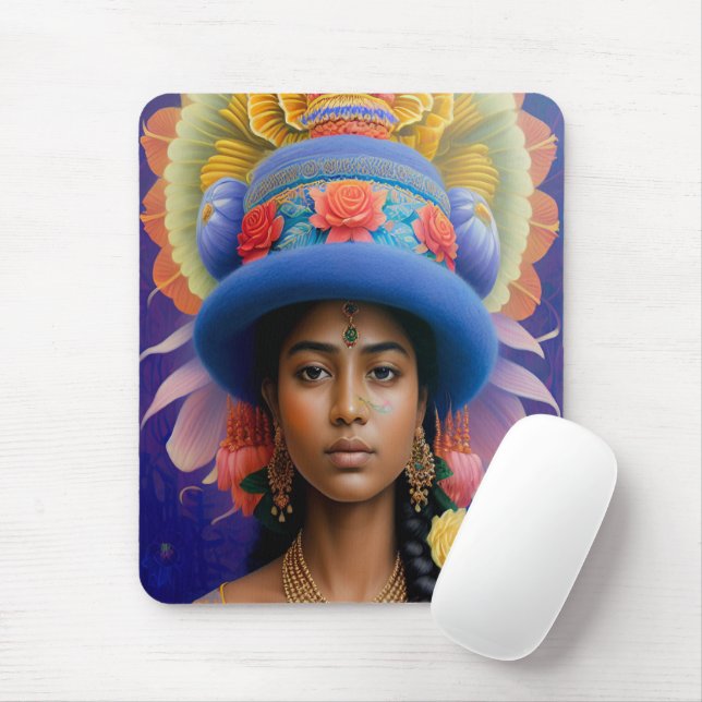 Asiatische Prinzessin mit großem blauen Hut Mousepad (Mit Mouse)