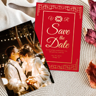 Asiatische rote Goldfolie Hochzeit Save the Date F Folieneinladung