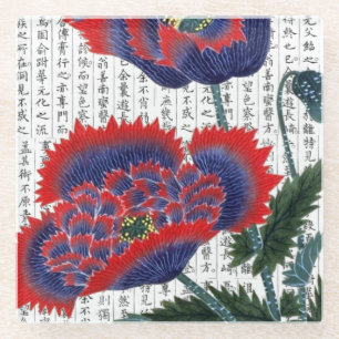 Asiatische Rote Pflaumen im Kanji Hintergrund Glasuntersetzer