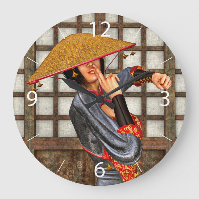 Asiatische Schlachtfrau Große Wanduhr (Vorderseite)