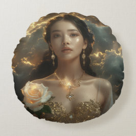 Asiatische Schönheit mit weißer Rose Rundes Kissen
