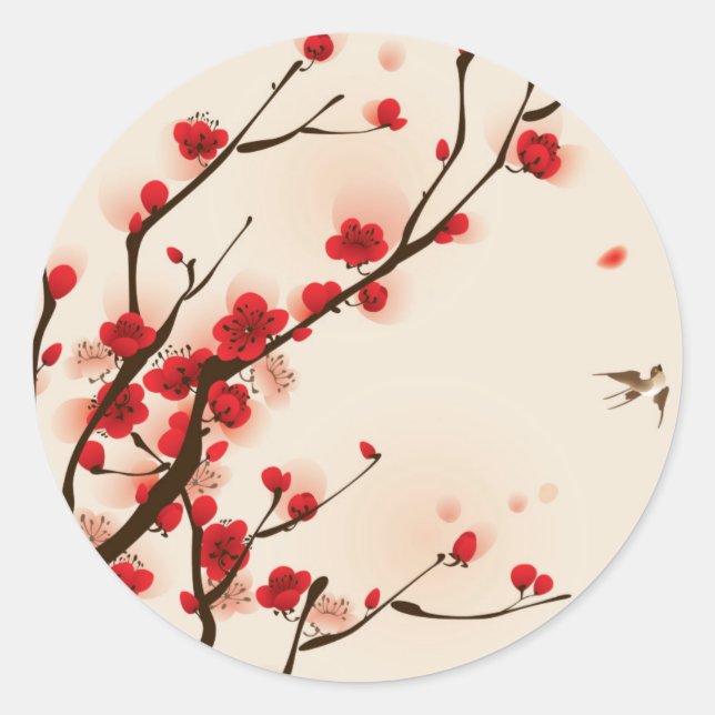 Asiatische Stilmalerei, Pflaumenblüte im Frühling Runder Aufkleber (Vorderseite)