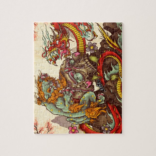 Asiatische Szene mit foo Hund und Drachen (Vertikal)