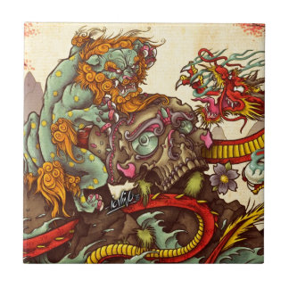 Asiatische Szene mit foo Hund und Drachen Fliese