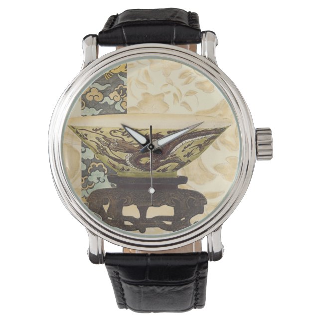 Asiatische Tapisserie mit Bowl- und Drachendesign Armbanduhr (Vorderseite)