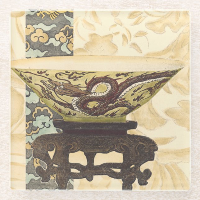 Asiatische Tapisserie mit Bowl- und Drachendesign Glasuntersetzer (Vorderseite)