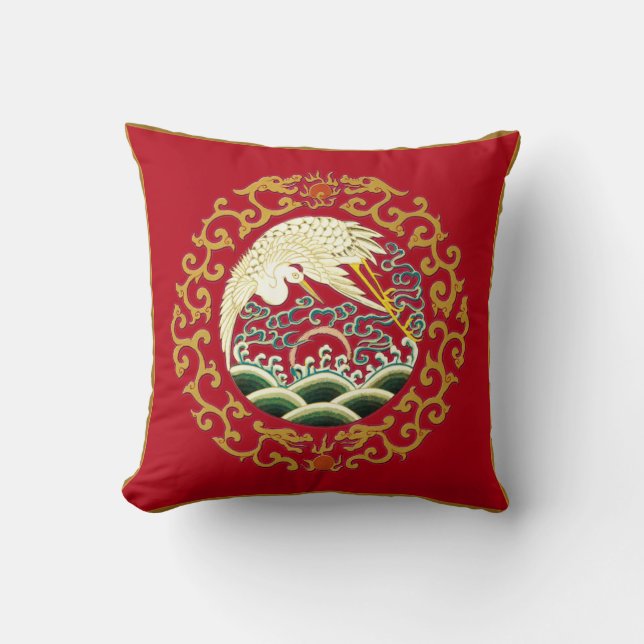 Asiatische Vogel-Kunst auf tiefrotem Kissen (Vorderseite)
