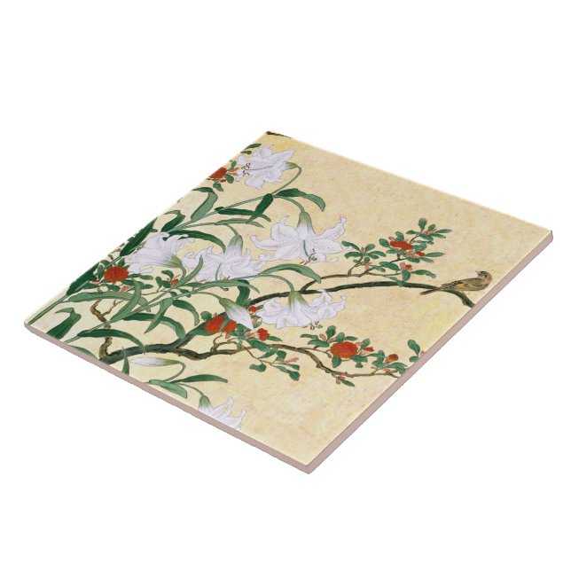 Asiatische weiße Lilien-Rosen-Blumen-Vogel-Fliese Fliese (Seite)