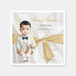 Asiatischer Babyjunge Taufe Christening Weiß & Gol Serviette
