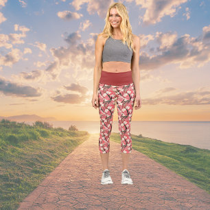 Asiatischer Blumenprint Rosa Pfirsich Weiß Chinois Capri Leggings