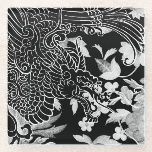 Asiatischer Drache - Black on Black Floral iPhone  Glasuntersetzer