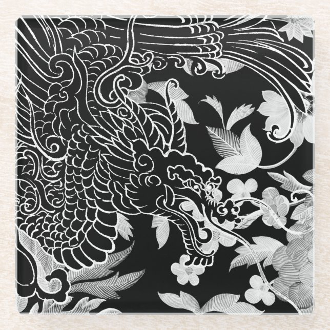 Asiatischer Drache - Black on Black Floral iPhone  Glasuntersetzer (Vorderseite)