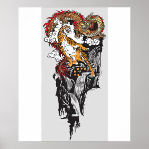 Asiatischer Drache gegen Tiger. Graphic ART Poster