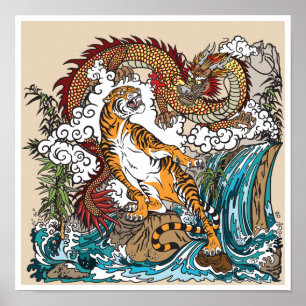 Asiatischer Drache gegen Tiger. Graphic ART Poster