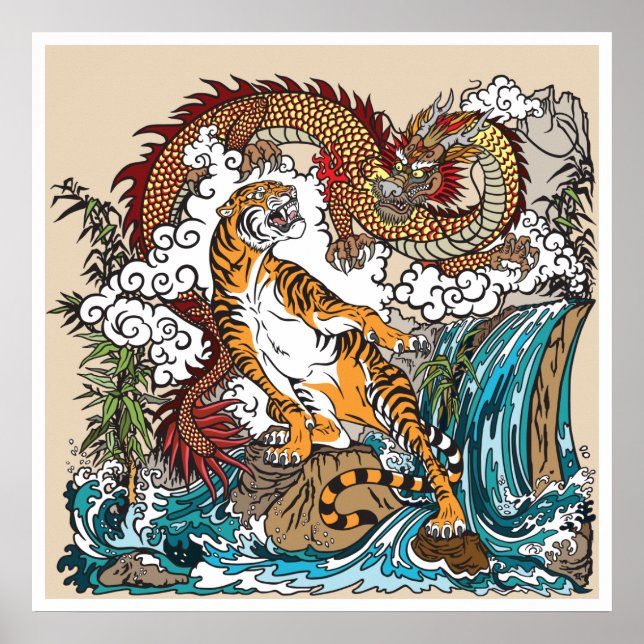 Asiatischer Drache gegen Tiger. Graphic ART Poster (Vorne)