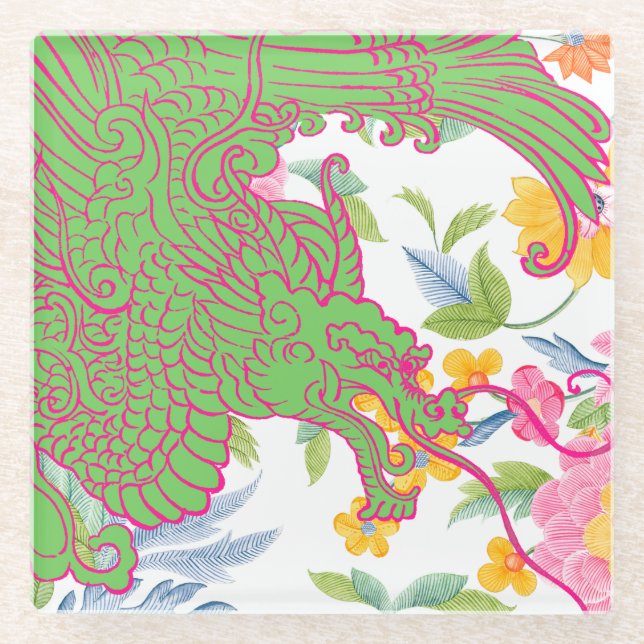 Asiatischer Drache - Rosa und grüne Blüte Glasuntersetzer (Vorderseite)