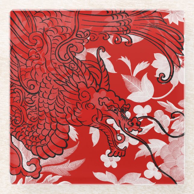 Asiatischer Drache - Rot und Schwarz auf der Roten Glasuntersetzer (Vorderseite)