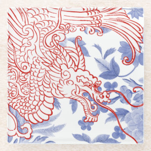 Asiatischer Drache - Rot und Weiß auf blauer Flora Glasuntersetzer