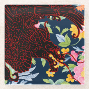 Asiatischer Drache - Schwarz auf der Marine Glasuntersetzer