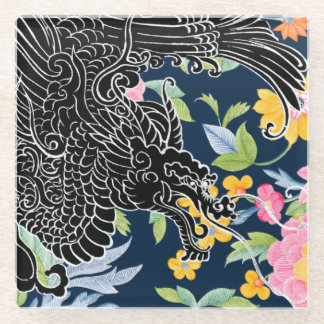 Asiatischer Drache - Schwarz auf der Marine Glasuntersetzer