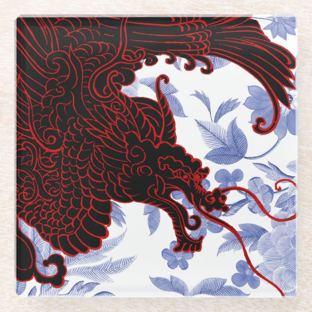 Asiatischer Drache - Schwarz und Rot auf blauer Fl Glasuntersetzer (Vorderseite)