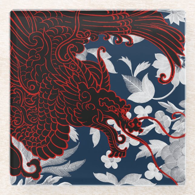 Asiatischer Drache - Schwarz und Rot auf der Marin Glasuntersetzer (Vorderseite)