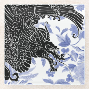 Asiatischer Drache - Schwarz und Weiß auf blauem B Glasuntersetzer