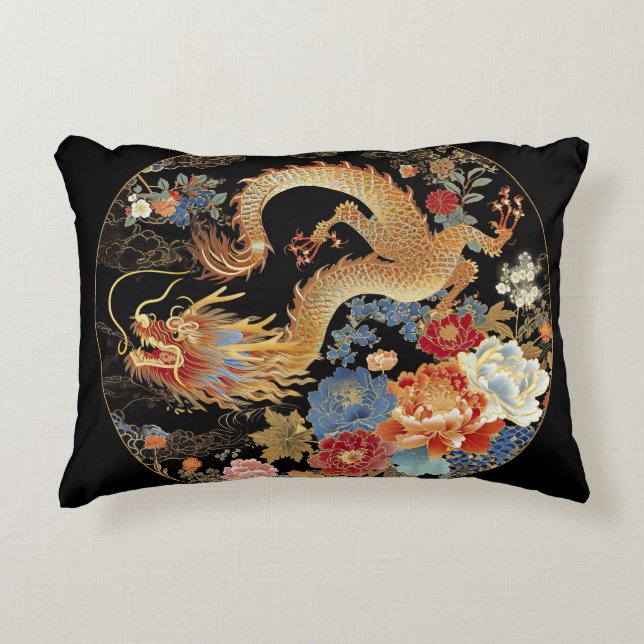 Asiatischer Drache und Blume Dekokissen (Vorderseite)