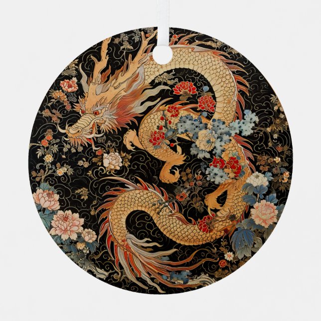 Asiatischer Drache und Blume Ornament Aus Metall (Vorderseite)