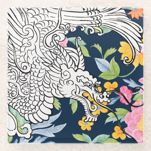 Asiatischer Drache - Weiß auf der Marine Glasuntersetzer (Vorderseite)