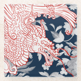 Asiatischer Drache - Weiß und Rot auf Blauer Flora Glasuntersetzer