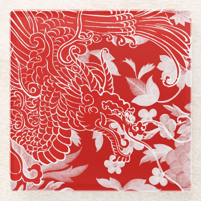 Asiatischer Drache - Weiß und Rot auf der Roten Fl Glasuntersetzer (Vorderseite)