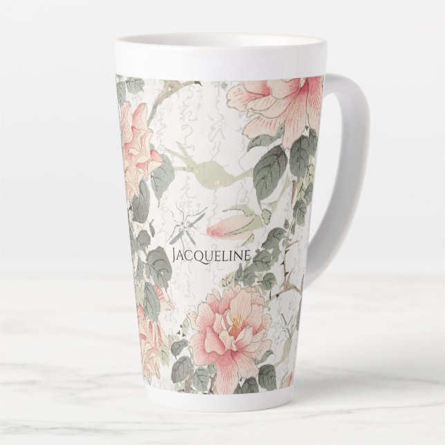 Asiatischer Einfluss Rosa-Pink-Blume Ihr Name Milchtasse (Rechte Ecke)
