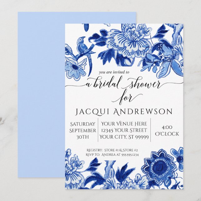 Asiatischer Einfluss von Light Blue Floral 3 Braut Einladung (Vorne/Hinten)