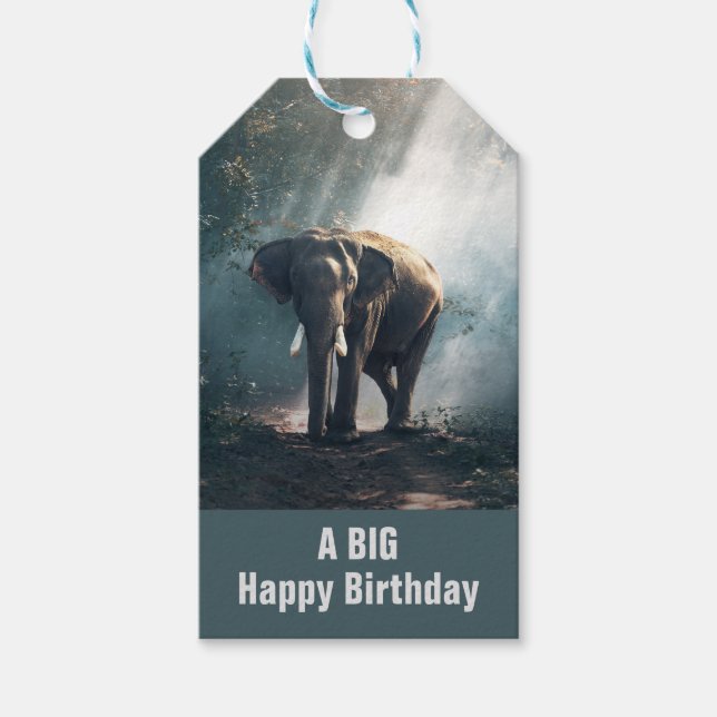 Asiatischer Elefant in einem sonnigen Wald zum Geb Geschenkanhänger (Vorderseite)