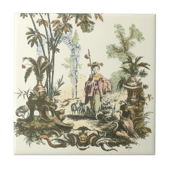 Asiatischer Garten mit Frauen und Tieren Fliese (Vorderseite)