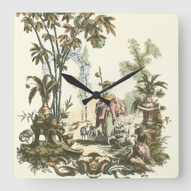 Asiatischer Garten mit Frauen und Tieren Quadratische Wanduhr (Vorderseite)