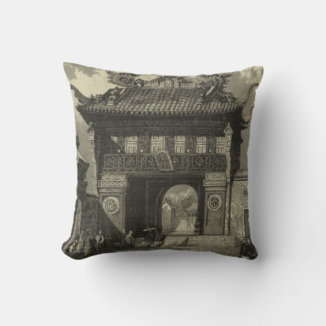 Asiatischer Kaisertempel in Schwarz und Weiß Kissen (Vorderseite)