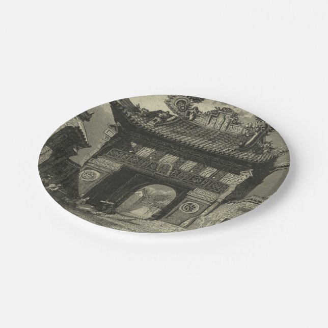 Asiatischer Kaisertempel in Schwarz und Weiß Pappteller (Schrägansicht)