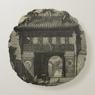 Asiatischer Kaisertempel in Schwarz und Weiß Rundes Kissen