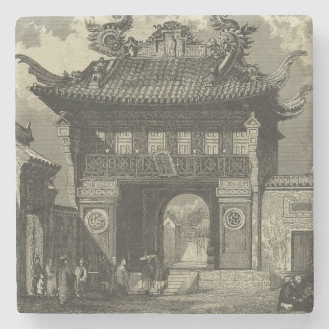 Asiatischer Kaisertempel in Schwarz und Weiß Steinuntersetzer (Vorderseite)