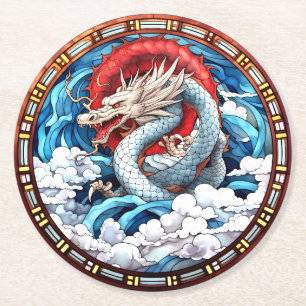 Asiatischer Mythischer Drache in Rot und Blau Runder Pappuntersetzer