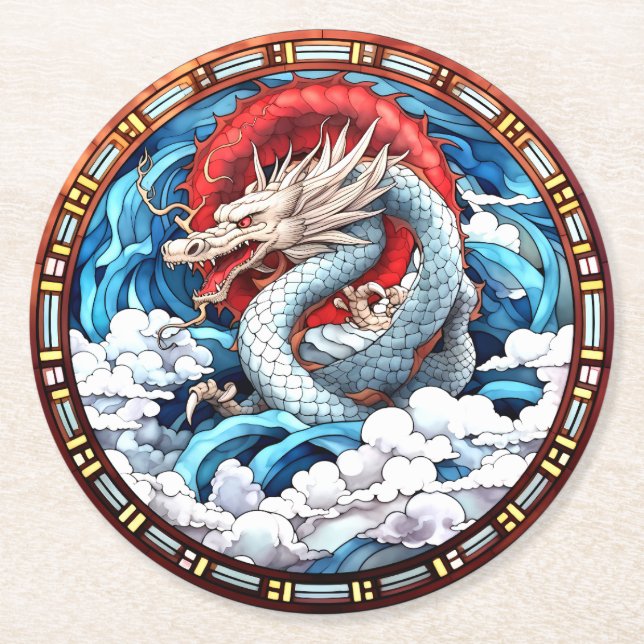 Asiatischer Mythischer Drache in Rot und Blau Runder Pappuntersetzer (Vorderseite)